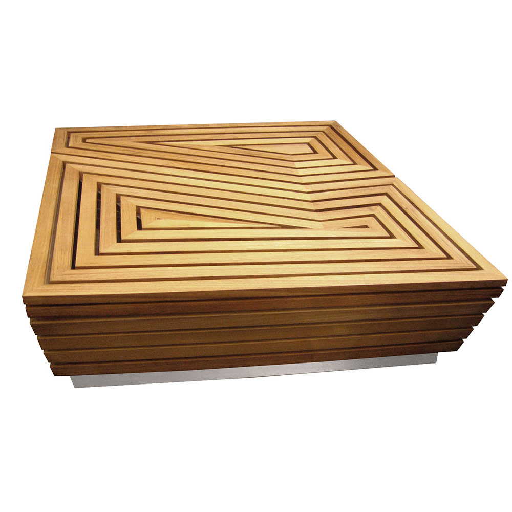 Jane Hamley Wells ARENA AR8553 A modern indoor outdoor coffee table teak top stainless steel base with storage